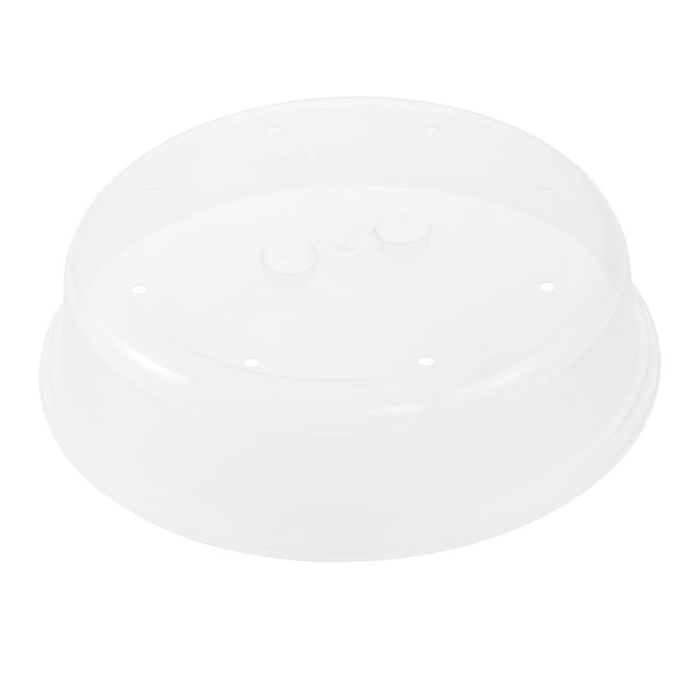 Cloche de micro-ondes Keeeper translucide, avec poignées intégrées et petits trous d’aération sur un plan de cuisine.
