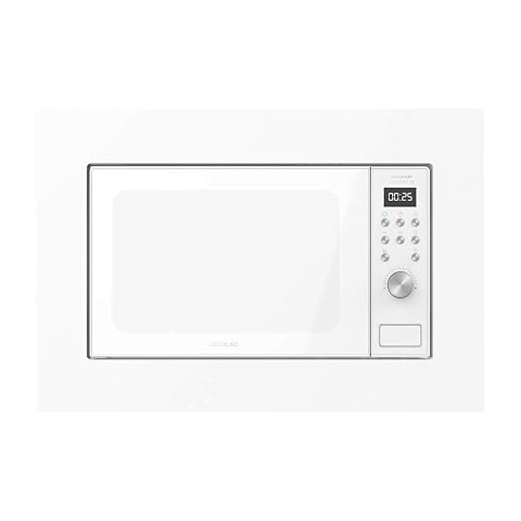 Micro-ondes encastrable blanc avec commandes numériques, intégré dans une cuisine contemporaine claire.