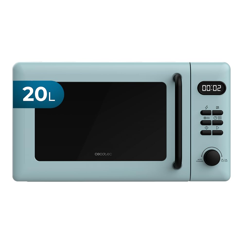 Micro-ondes rétro Cecotec bleu avec commandes numériques et fonction gril, posé sur un plan de travail clair.