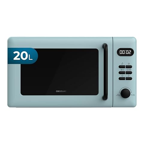 Micro-ondes rétro Cecotec bleu avec commandes numériques et fonction gril, posé sur un plan de travail clair.
