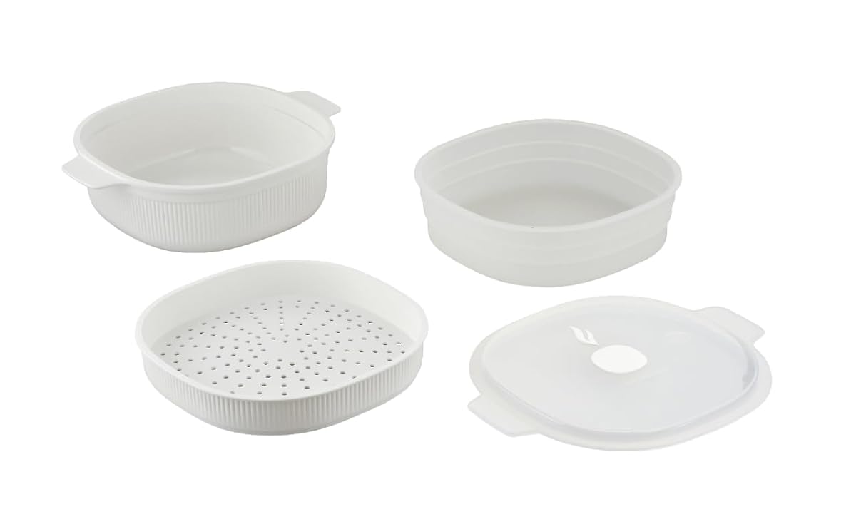Cuiseur vapeur blanc pour micro-ondes avec deux plateaux et couvercle à soupape