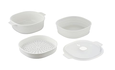 Cuiseur vapeur blanc pour micro-ondes avec deux plateaux et couvercle à soupape