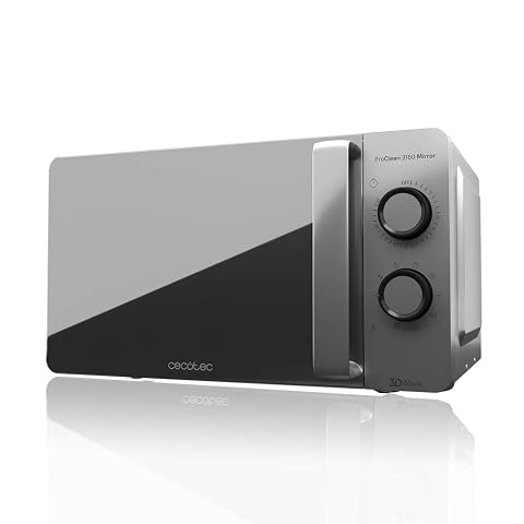 Micro-ondes Cecotec ProClean 3160 avec façade métallique et porte miroir, posé sur un plan de travail