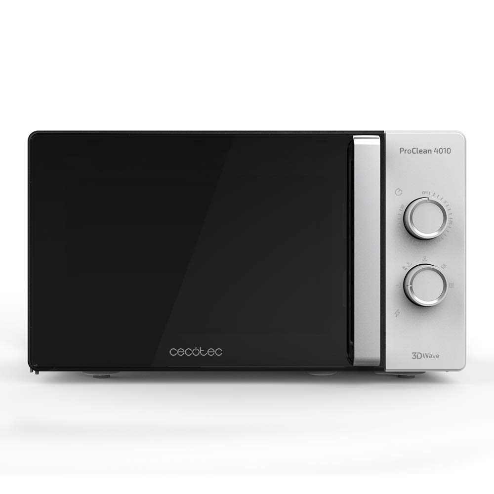 Micro-ondes solo Cecotec blanc avec porte miroir et commandes rotatives sur un plan de travail