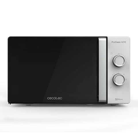 Micro-ondes solo Cecotec blanc avec porte miroir et commandes rotatives sur un plan de travail