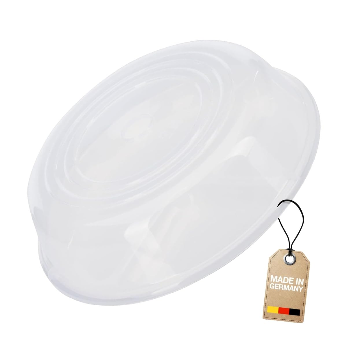 Couvercle rond transparent pour micro-ondes posé sur une assiette dans une cuisine claire