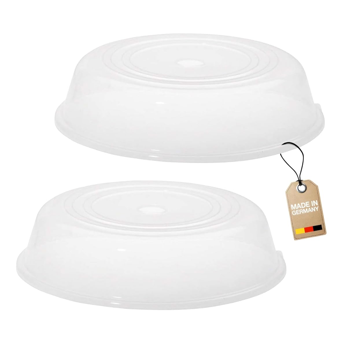 Deux cloches transparentes Westmark pour assiettes, dont une posée sur un plat à réchauffer au micro-ondes