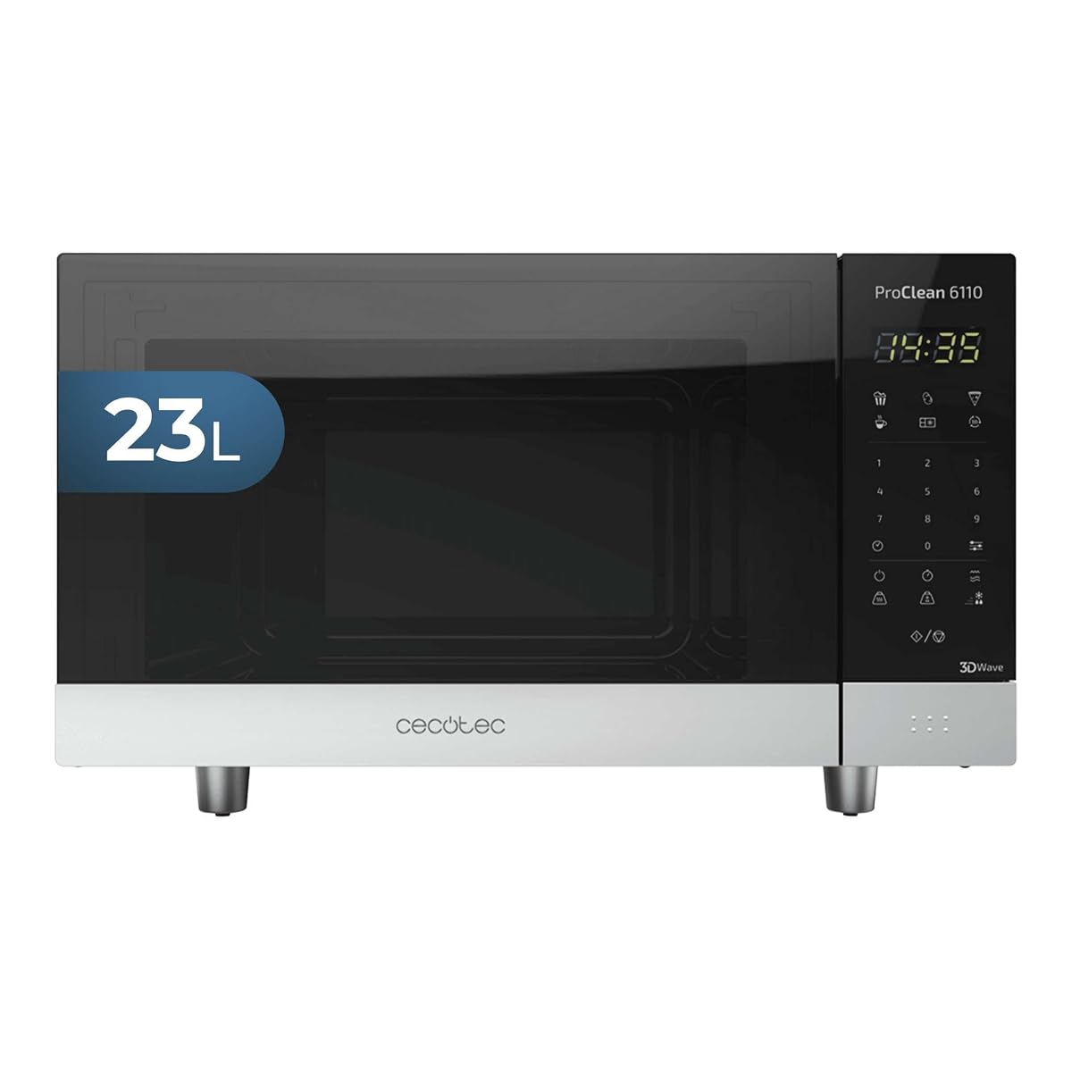 Micro-ondes Cecotec noir à commandes numériques et finitions inox, posé sur un plan de travail clair.