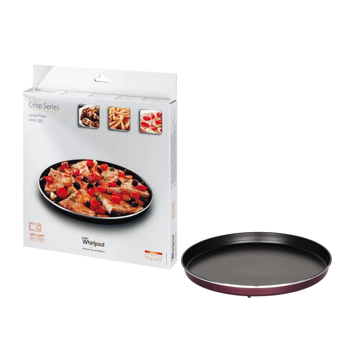 Plat Crisp Whirlpool AVM305 rond noir posé sur un plan de travail dans une cuisine contemporaine