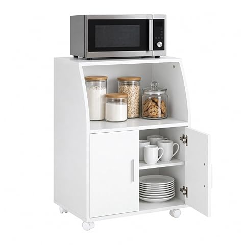 Desserte blanche à deux portes et roulettes, avec un micro-ondes posé sur le plateau