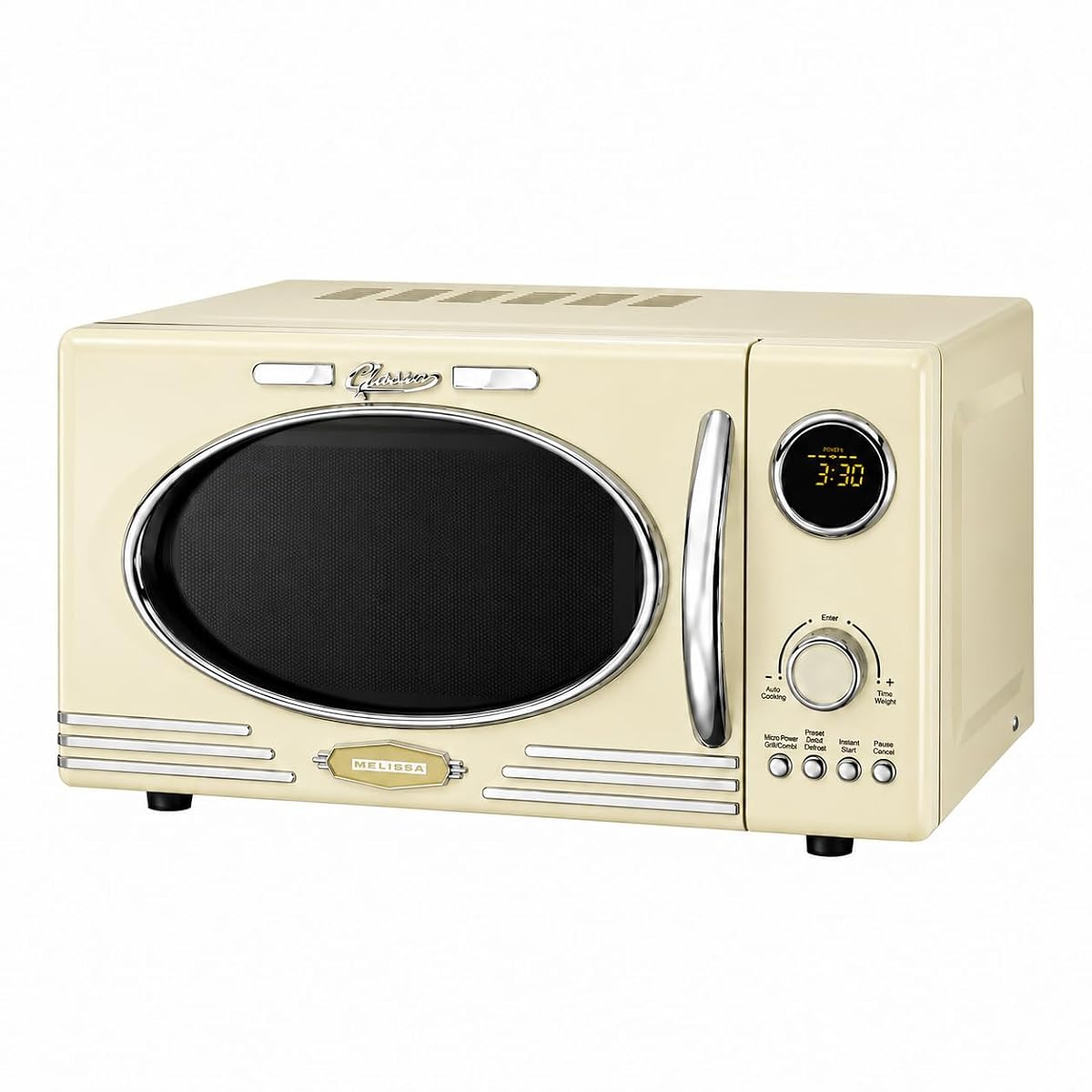 Four à micro-ondes rétro crème avec porte vitrée, poignée chromée et fonction grill