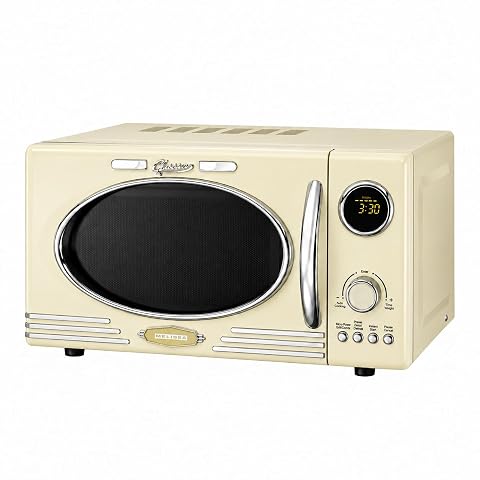 Four à micro-ondes rétro crème avec porte vitrée, poignée chromée et fonction grill