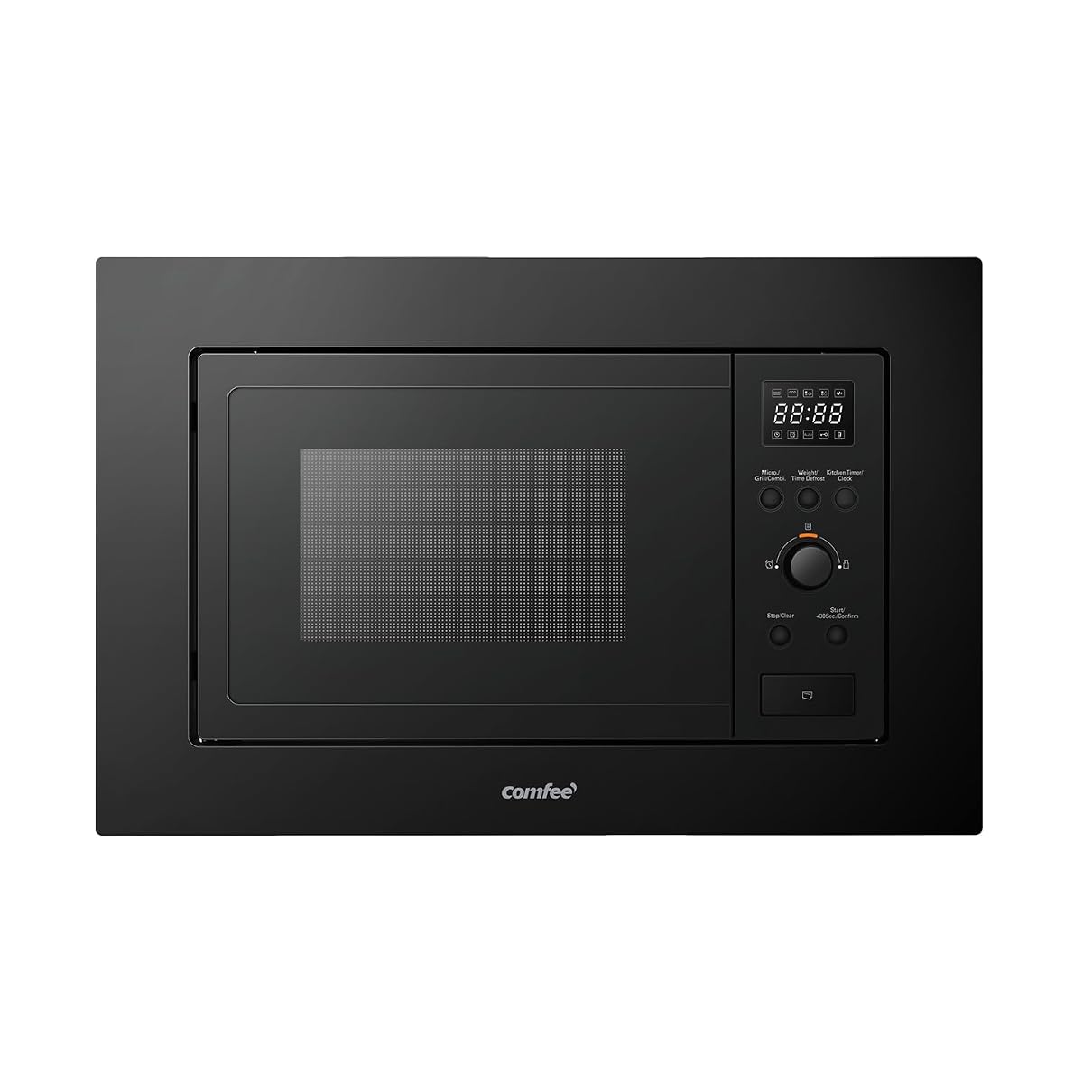 Micro-ondes combiné encastrable Comfee noir intégré dans une cuisine contemporaine aux tons clairs