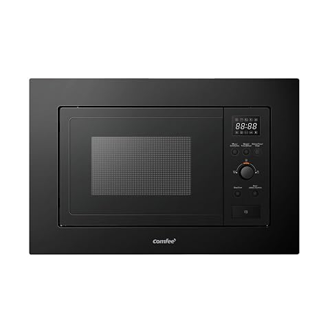 Micro-ondes combiné encastrable Comfee noir intégré dans une cuisine contemporaine aux tons clairs