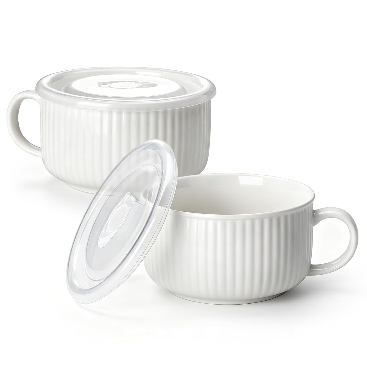 Deux bols à soupe blancs en porcelaine avec poignée et couvercles en silicone ventilés