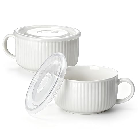 Deux bols à soupe blancs en porcelaine avec poignée et couvercles en silicone ventilés