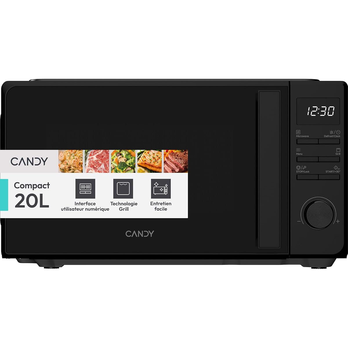 Micro-ondes grill Candy compact noir à commandes numériques posé sur un plan de travail en bois clair