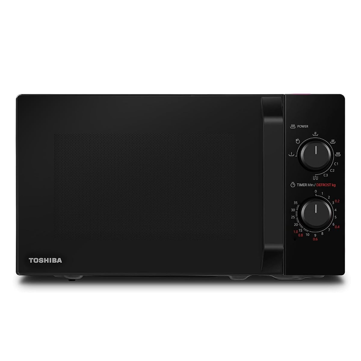 Four micro-ondes combiné noir avec plateau tournant et grille, posé sur un plan de travail en bois clair.