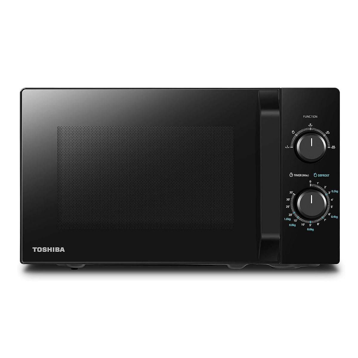 Micro-ondes solo noir Toshiba à poser sur un plan de travail en bois clair