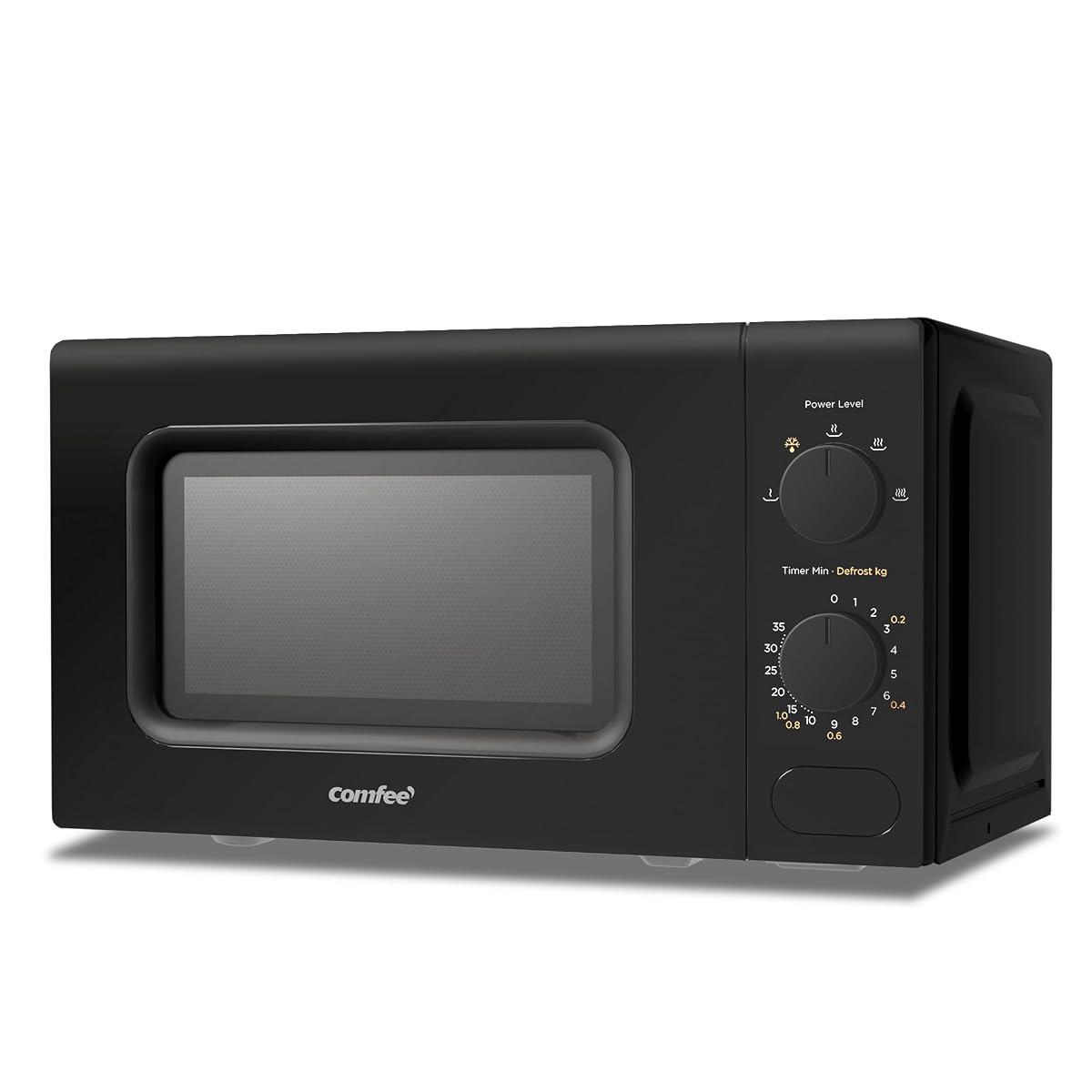 Micro-ondes compact noir et gris à commandes manuelles posé sur un plan de travail clair