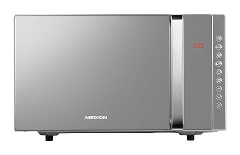 Four micro-ondes combiné argenté à porte miroir, avec plateau tournant et grille de cuisson