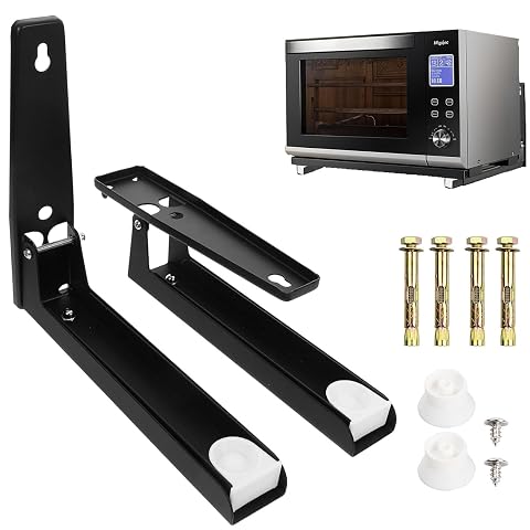 Paire de supports muraux noirs pliables pour micro-ondes, présentés sur un plan de travail en bois clair