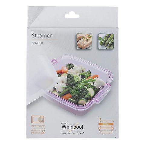 Cuiseur vapeur carré violet et blanc Whirlpool STM008 posé sur un plan de travail de cuisine