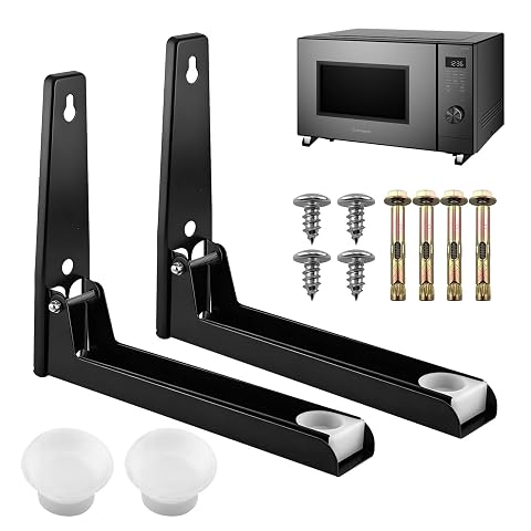 Deux supports muraux noirs réglables installés sous un micro-ondes dans une cuisine claire