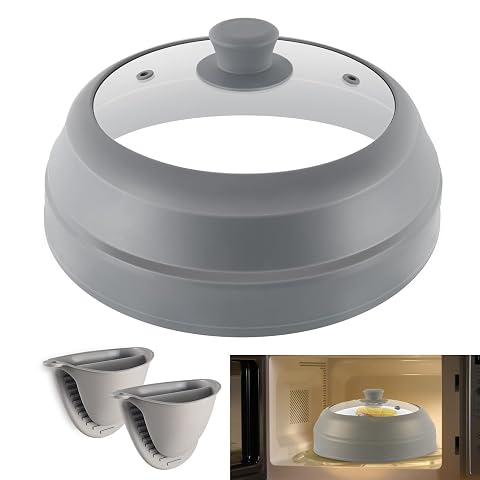 Couvercle pliable en verre et silicone gris posé sur un bol, avec deux maniques à côté