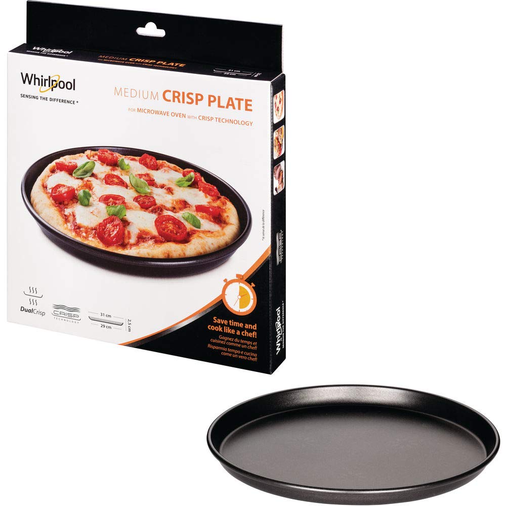 Plat Crisp Wpro AVM290 rond en acier inoxydable bleu, posé sur un plan de travail clair