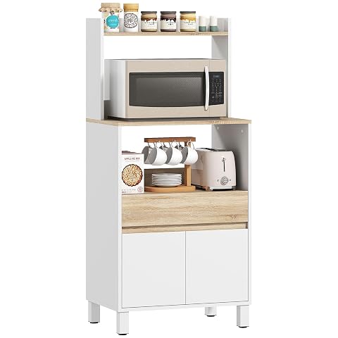 Meuble Homcom blanc et bois clair avec emplacement micro-ondes, étagère, tiroir et placard