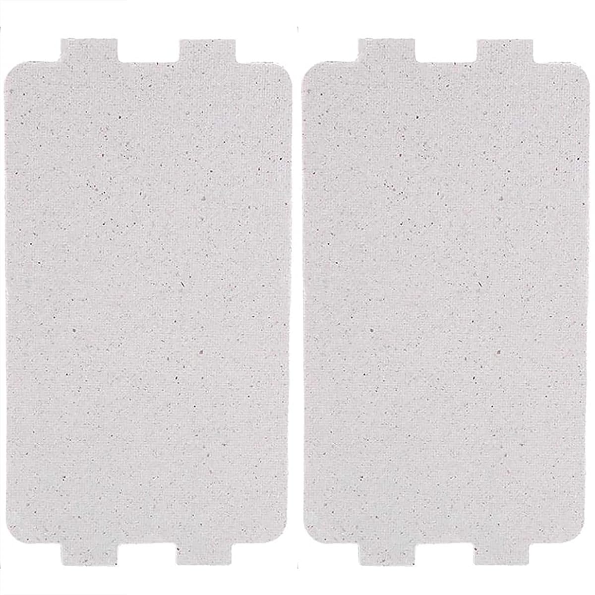 Deux plaques mica rectangulaires pour micro-ondes posées sur un plan de travail en bois clair.