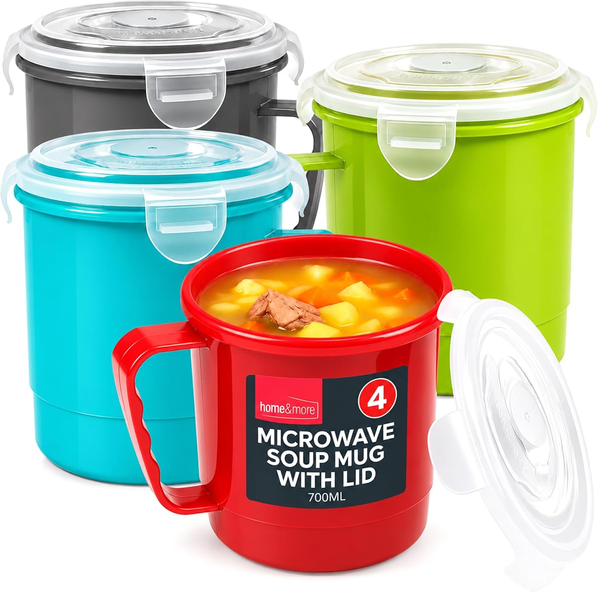 Quatre récipients à soupe en plastique rouge, vert, bleu et gris avec leurs couvercles