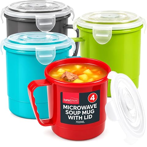Quatre récipients à soupe en plastique rouge, vert, bleu et gris avec leurs couvercles