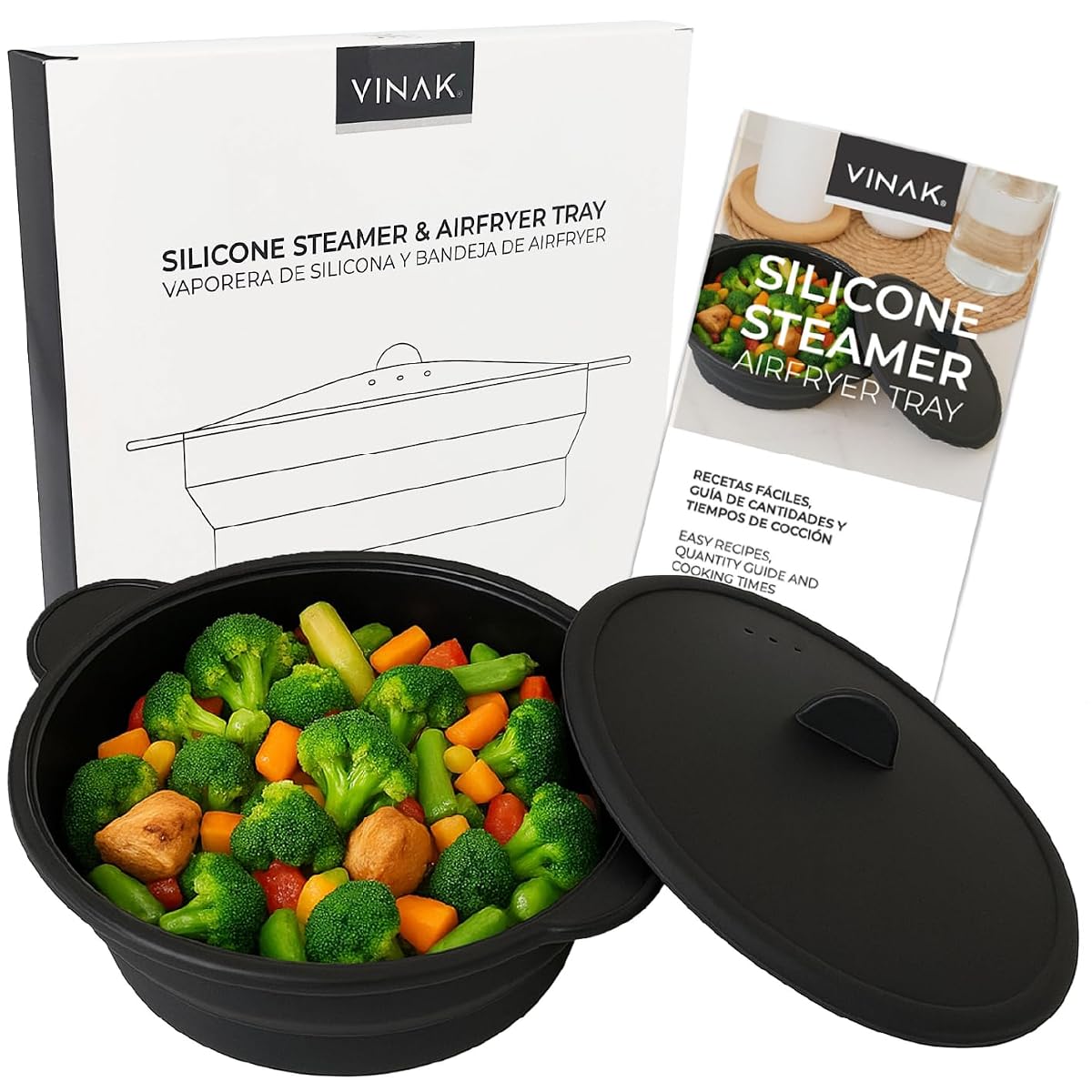 Cuiseur vapeur pliable Vinak gris et beige avec son plateau réversible sur un plan de travail