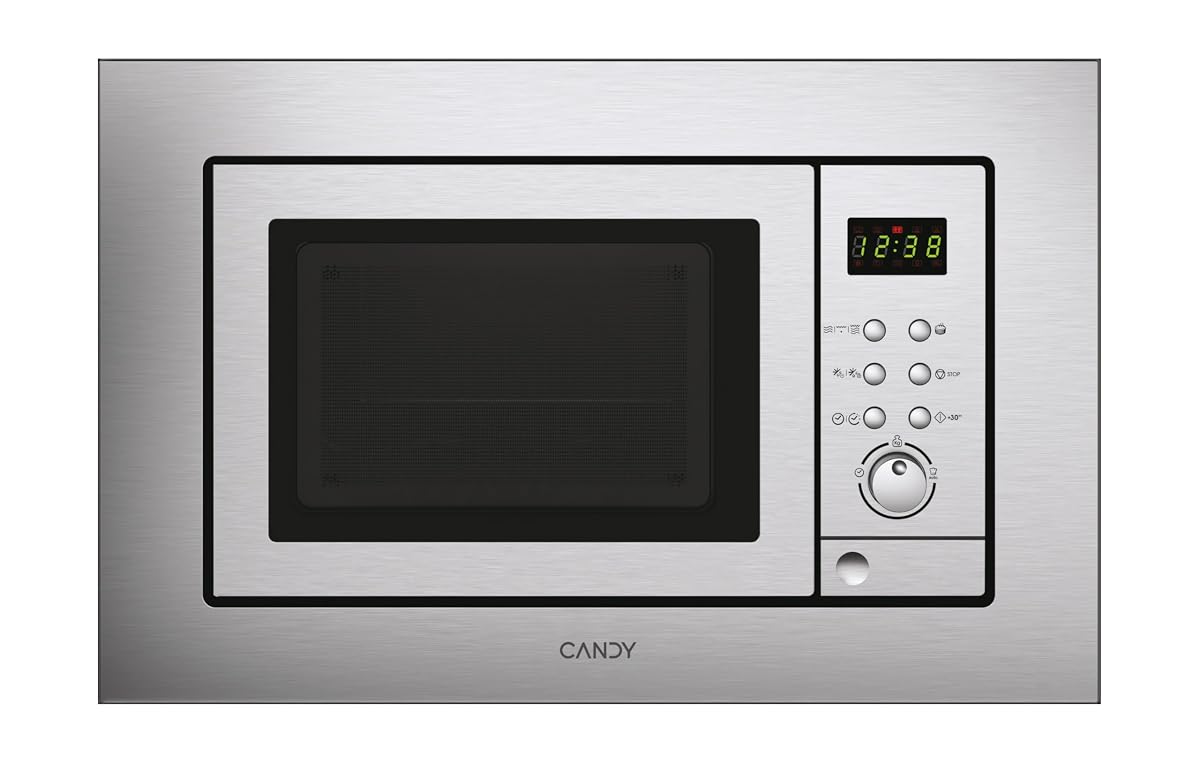 Micro-ondes encastrable Candy en acier inoxydable installé dans une cuisine contemporaine