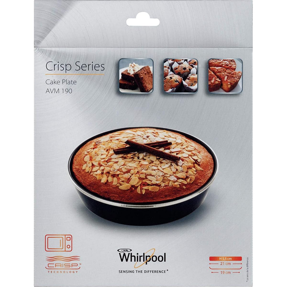 Moule à manqué Crisp Whirlpool argenté de 19 cm posé seul sur un plan de travail en bois clair.