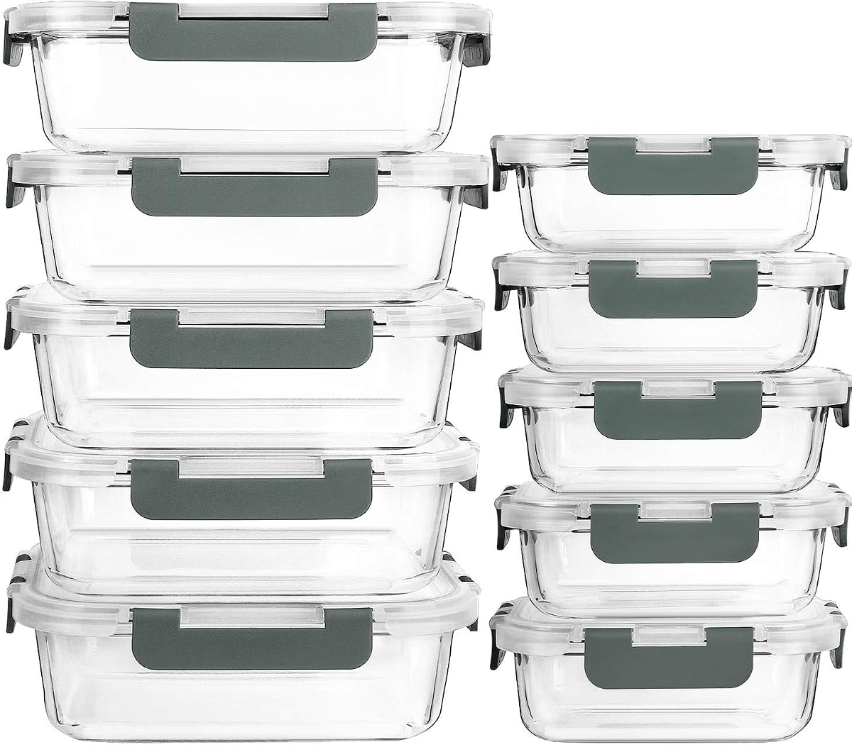 Lot de dix boîtes en verre borosilicate avec couvercles gris, rangées en deux formats sur un plan de travail
