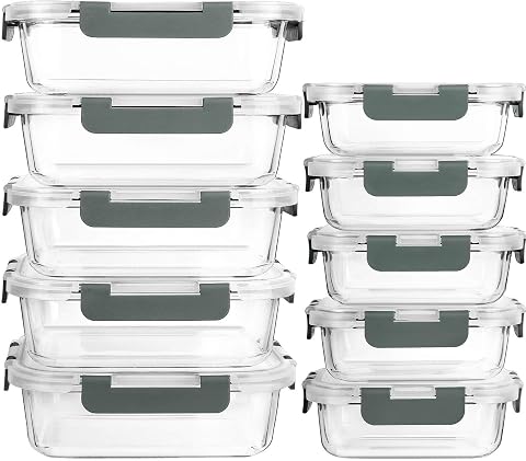 Lot de dix boîtes en verre borosilicate avec couvercles gris, rangées en deux formats sur un plan de travail