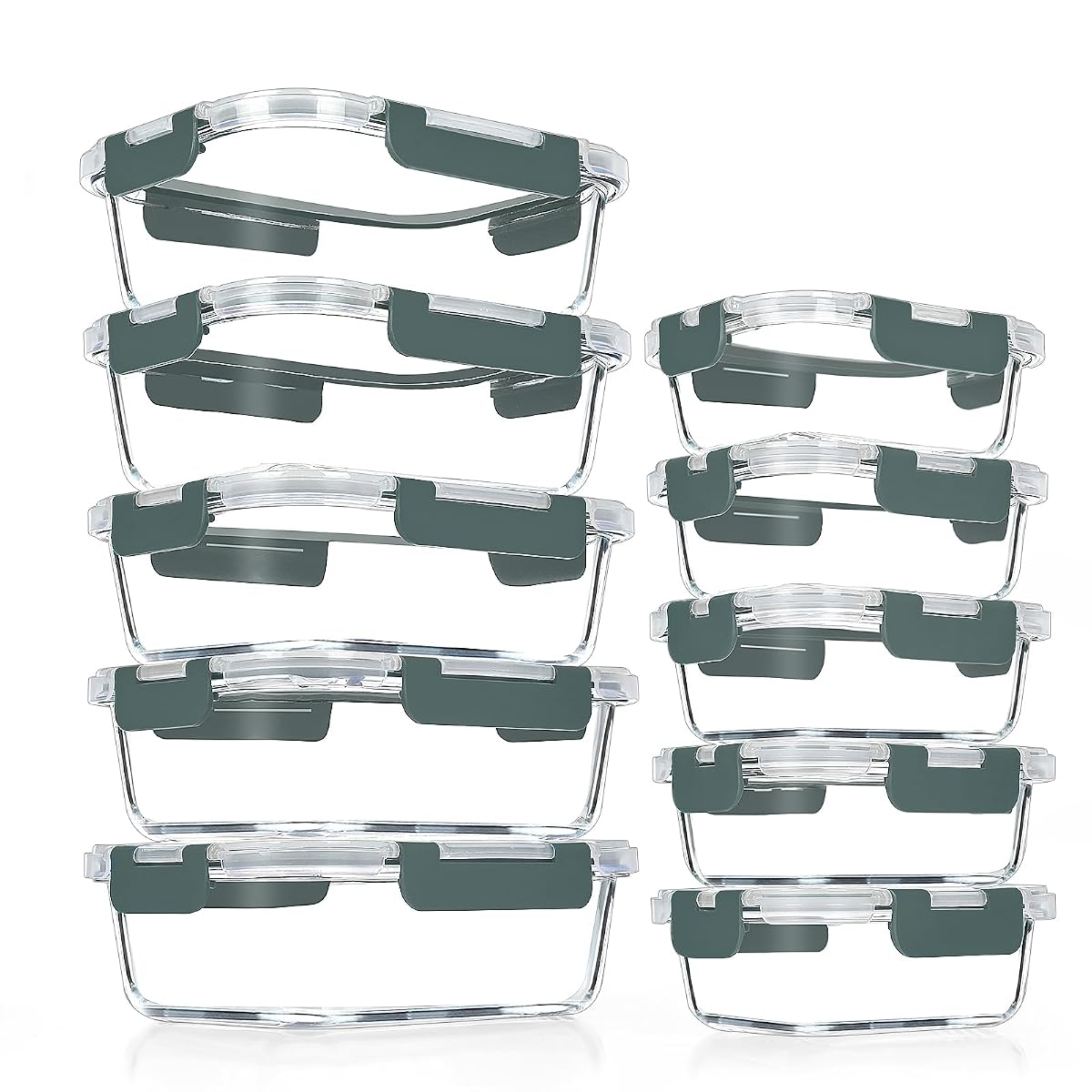 Lot de dix boîtes Verones en verre borosilicaté avec couvercles gris, en deux contenances