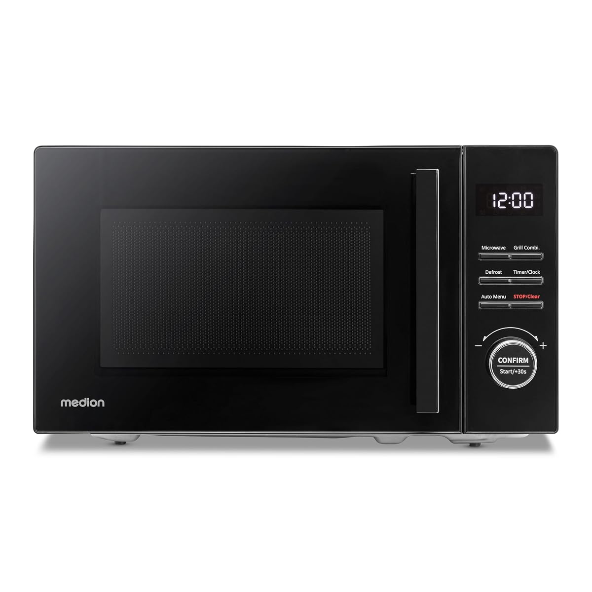 Micro-ondes grill Medion noir avec plateau tournant en verre et grille, posé sur un plan de travail