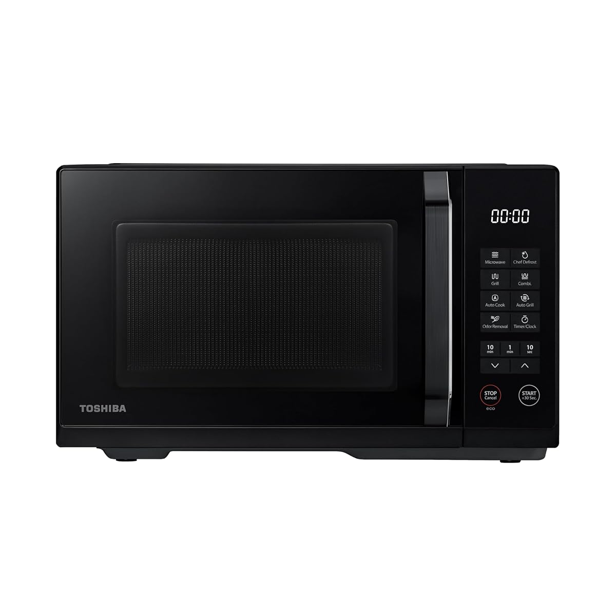 Micro-ondes combiné Toshiba noir avec commandes tactiles posé sur un plan de travail en bois clair