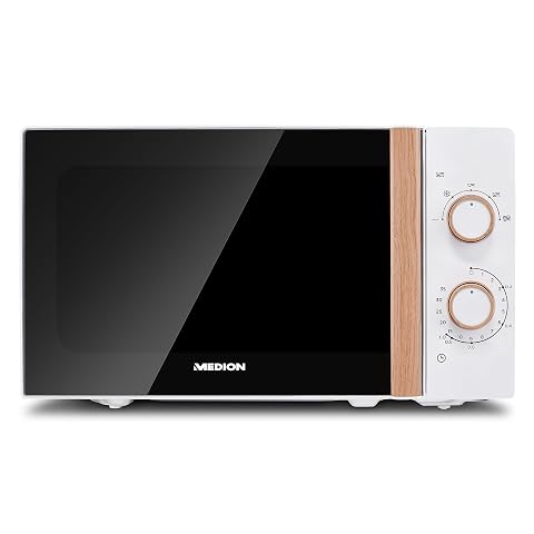 Micro-ondes solo Medion blanc à aspect bois, porte miroir et plateau tournant en verre