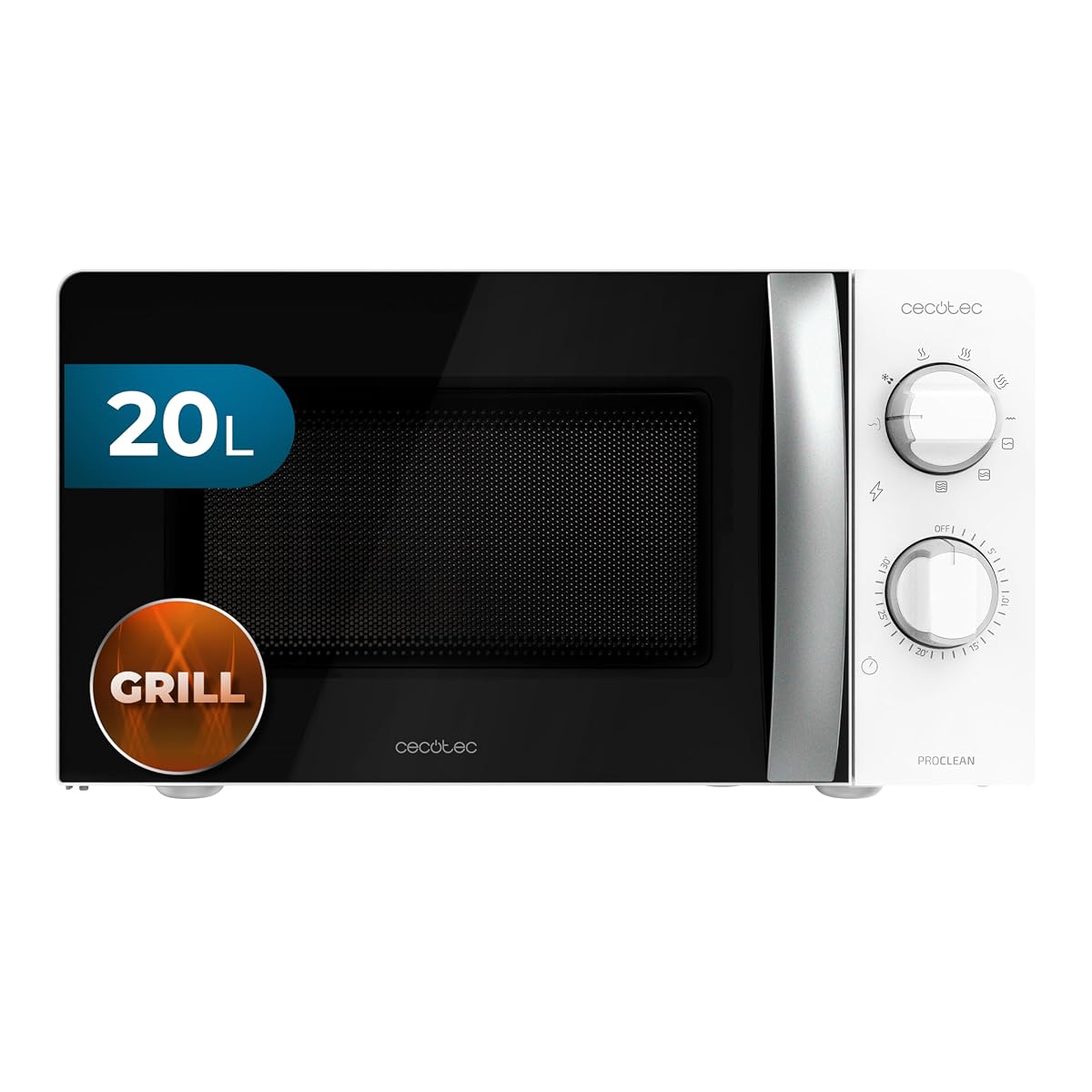 Micro-ondes grill Cecotec blanc à porte noire posé sur un plan de travail de cuisine