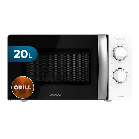 Micro-ondes grill Cecotec blanc à porte noire posé sur un plan de travail de cuisine