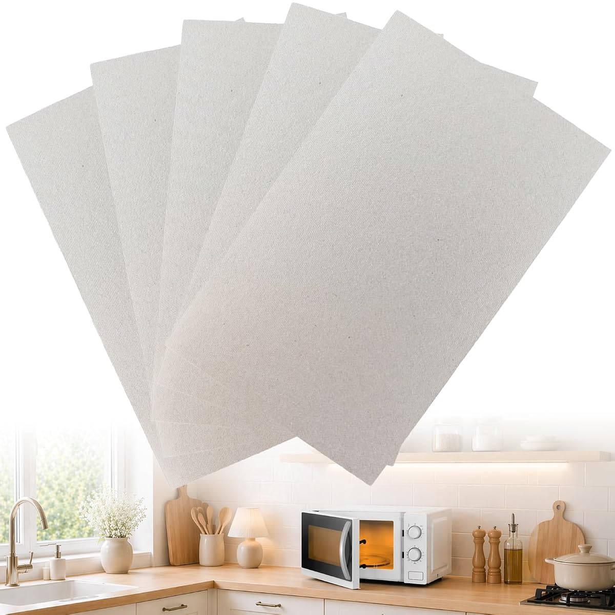 Cinq plaques rectangulaires en mica beige, dont une posée à plat sur un plan de travail.