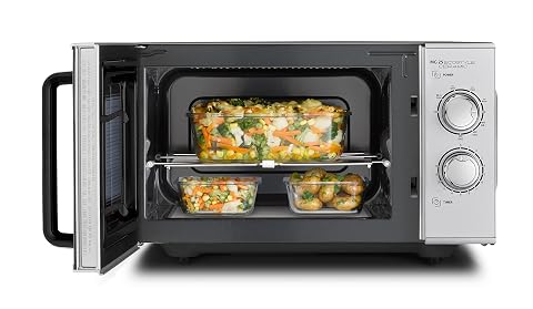 Micro-ondes grill Caso argenté sans plateau tournant, avec grille amovible dans une cuisine