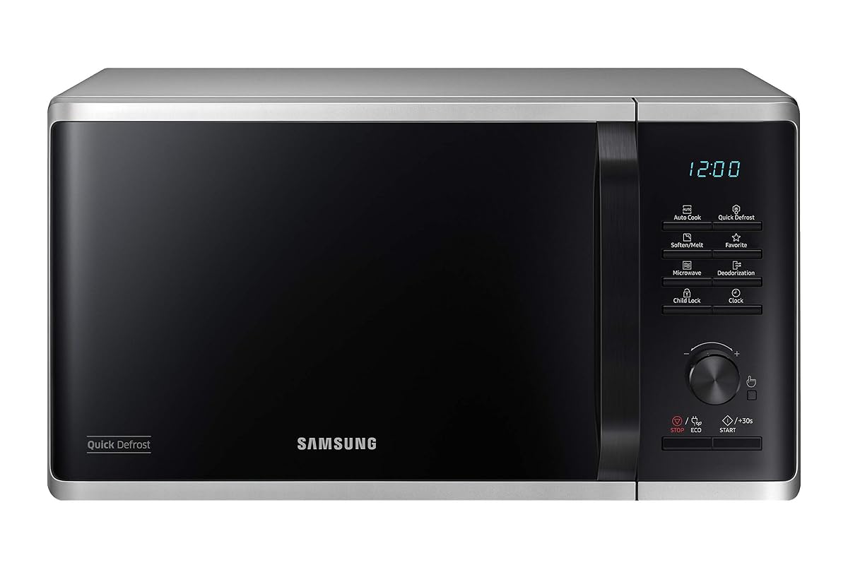 Micro-ondes solo Samsung argenté à poser, avec cavité intérieure en céramique émaillée.
