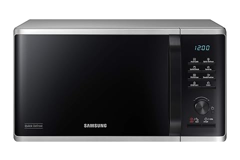 Micro-ondes solo Samsung argenté à poser, avec cavité intérieure en céramique émaillée.