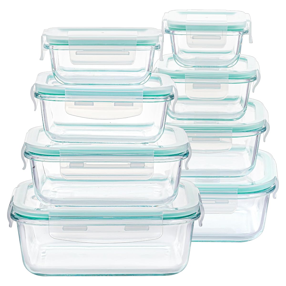 Huit boîtes alimentaires en verre avec leurs couvercles verts, carrés et rectangulaires